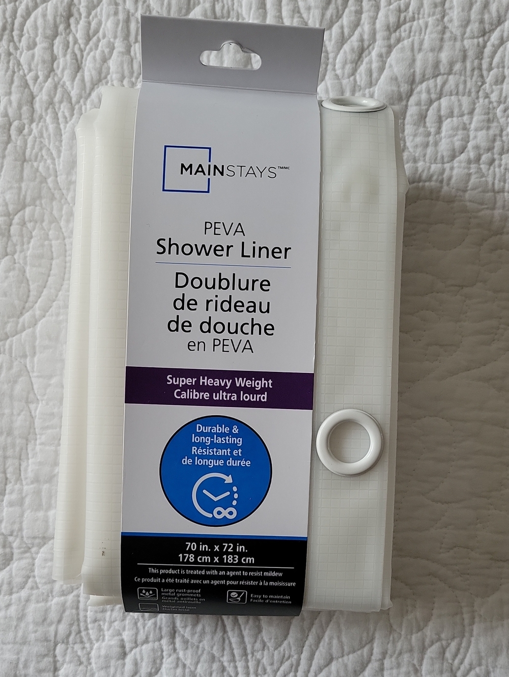 Mainstays PEVA Super Heavy Weight Shower Curtain Liner in White- New!